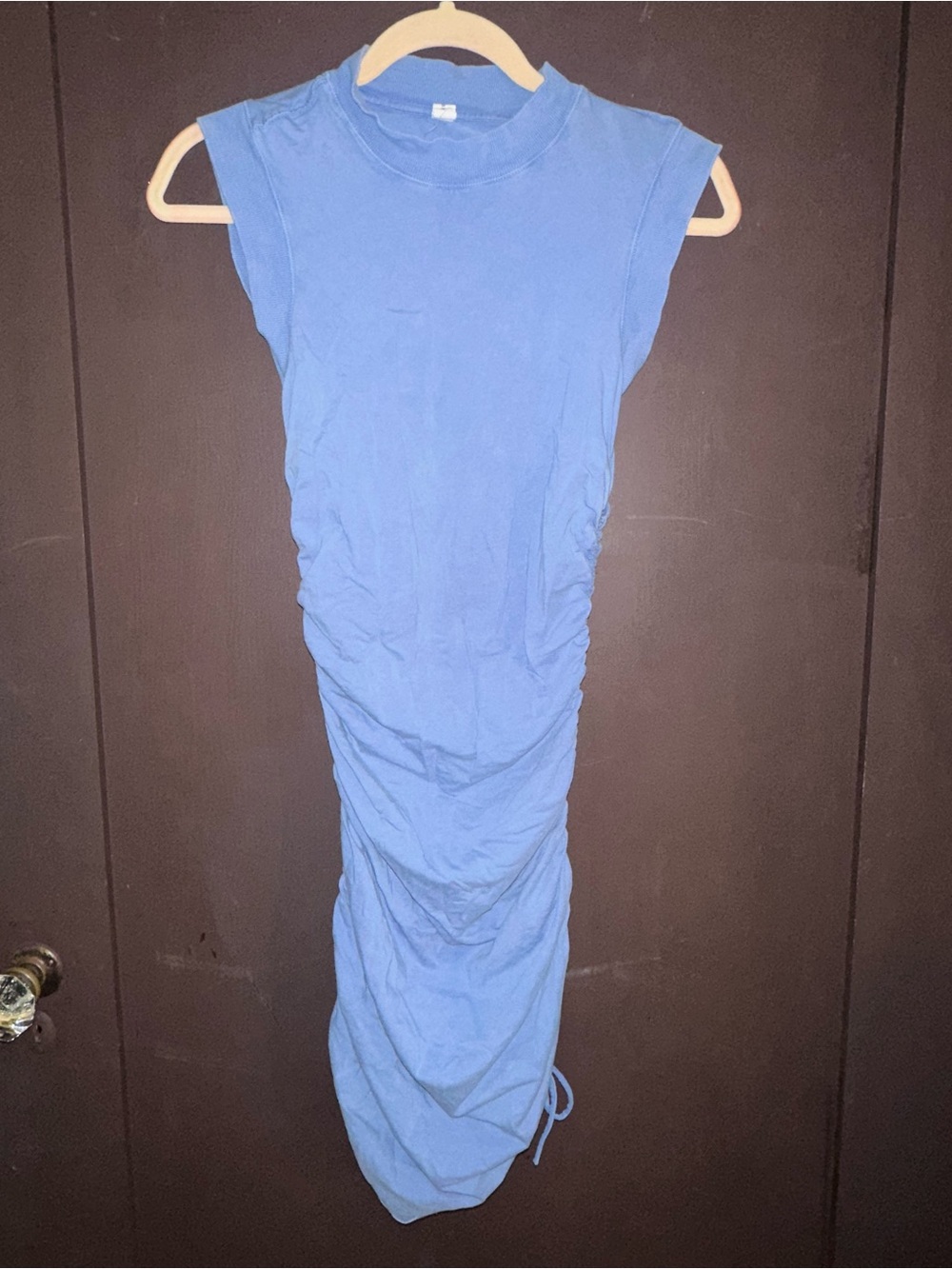 Blue Ruched Sleeveless Midi Dress